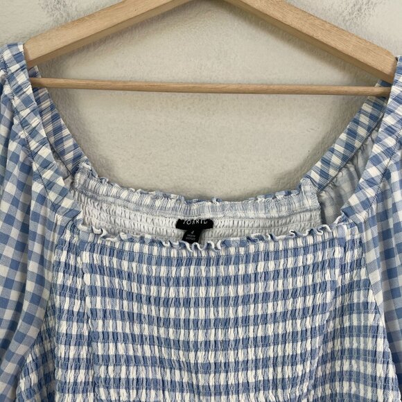 TORRID Womens Plus 4X Smocked Bodice Long Sleeve Blouse Gingham Blue Peplum Top - Picture 3 of 8